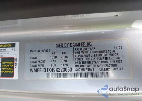 2009 Smart Fortwo Brabus/Passion/Pure из США, поврежденный, VIN WMEEJ31X49K223063